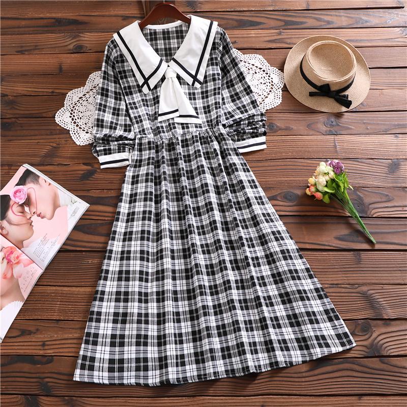 

Casual Dresses Japanese Mori Girl Autumn Spring Plaid Dress Women Long Sleeve Sailor Collar Bow Sashes Vintage Preppy Style Elegant, Black