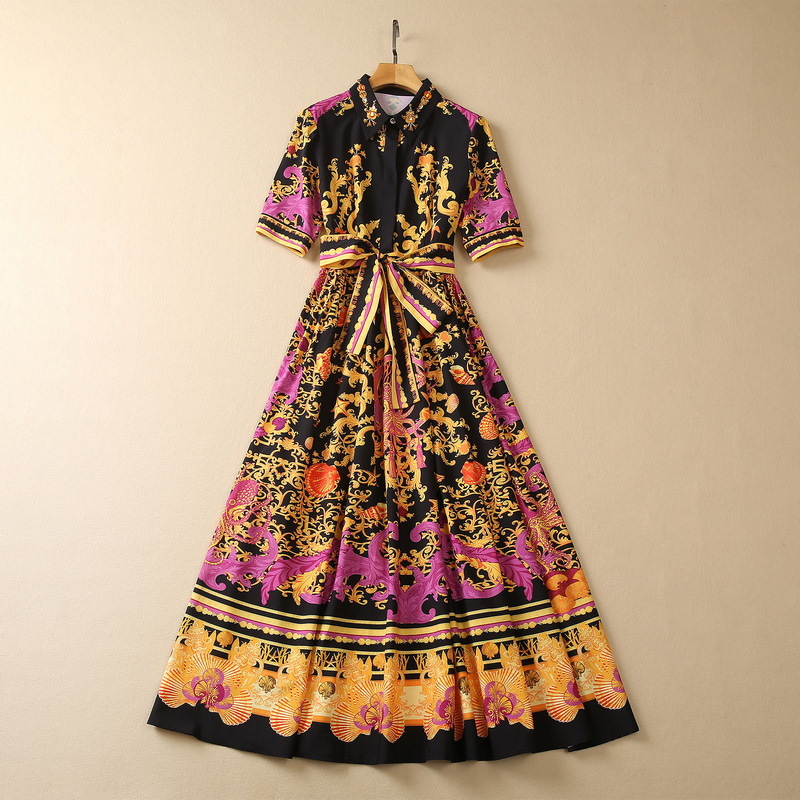 

2023 Summer Black Paisley Print Belted Cotton Dress Short Sleeve Lapel Neck Rhinestone Long Maxi Casual Dresses S3W090505, Multi