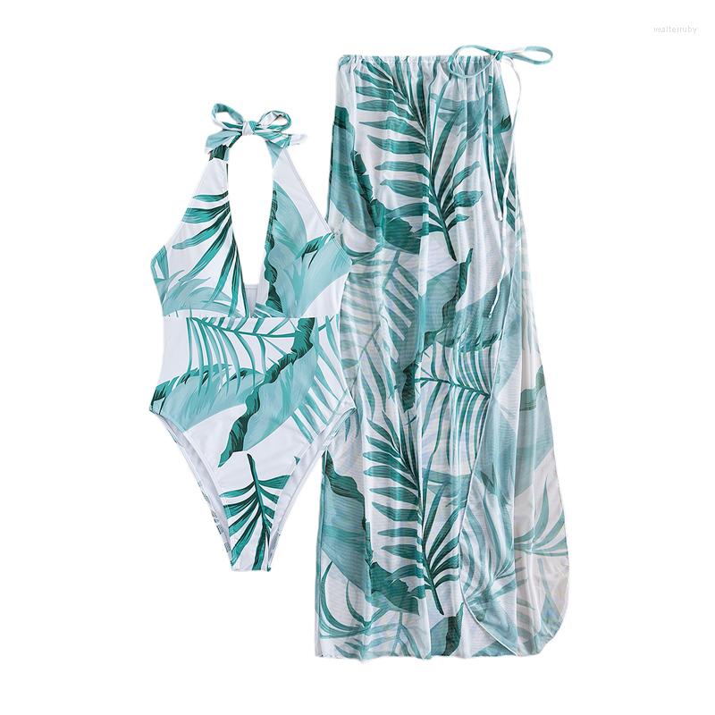

Women' Swimwear Women Two Piece Set Sleeveless Halter Tie Up V-neck Bodysuit Leaf Pattern Printed Sarong, Palm green
