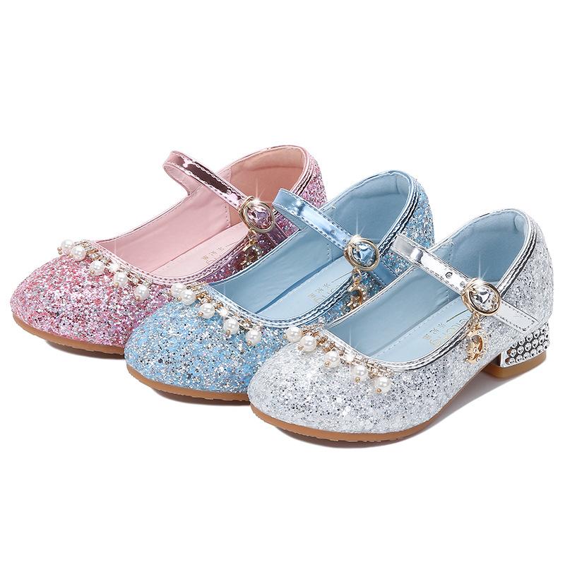 

Athletic Shoes & Outdoor Girls' Leather 2023 High-heeled Princess Fashion Sequined Scandal Buckle Performance Pearl Sweet For Wedding, Blue