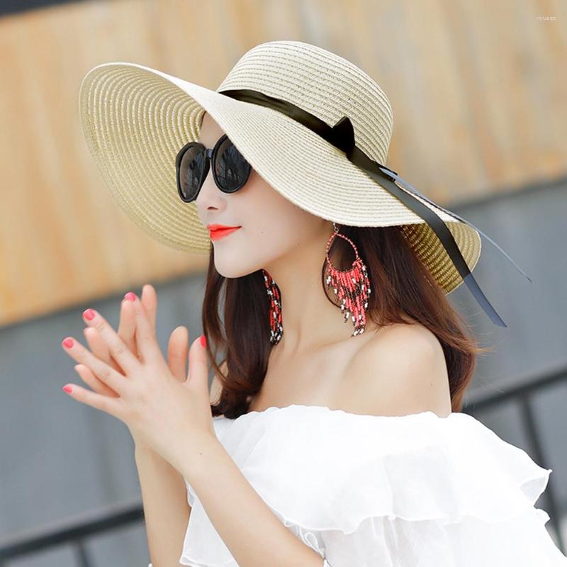 

Wide Brim Hats Straw Hat Summer Women Beach Female Casual Lady Ribbon Classic Bowknot Flat Sun, White