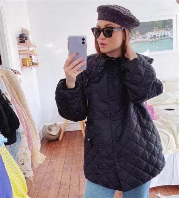 

Women' Trench Coats 2023 Autumn And Winter Loose Rhombic Checkered Lotus Leaf Doll Collar Cotton Clothes Warm Windproof Jacket, Black