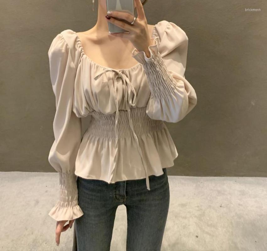 

Women's Blouses Lady Clothes Chic French Blouse Slim Square Collar Collarbone Top Shirred Puff Sleeves Chiffon Long-sleeved Shirt Women, Gray-blue