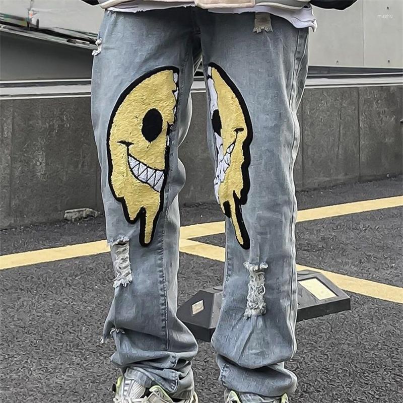 

Men' Jeans Irregular Ripped Hole Denim Pant Woman Man Straight Patchwork Baggy Boyfriend Y2k Punk Kpop Harajuku Streetwear Hip Hop, Light blue