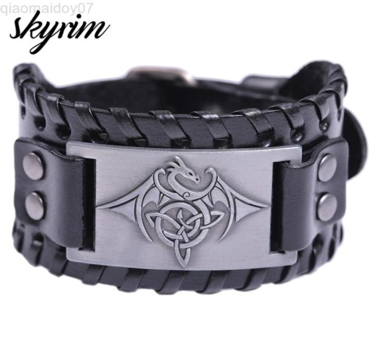 

Skyrim Viking Dragon Amulet Metal Crafts Vintage Bracelets Men Wristbands Nordic National Totem Leather Band L2208124848262