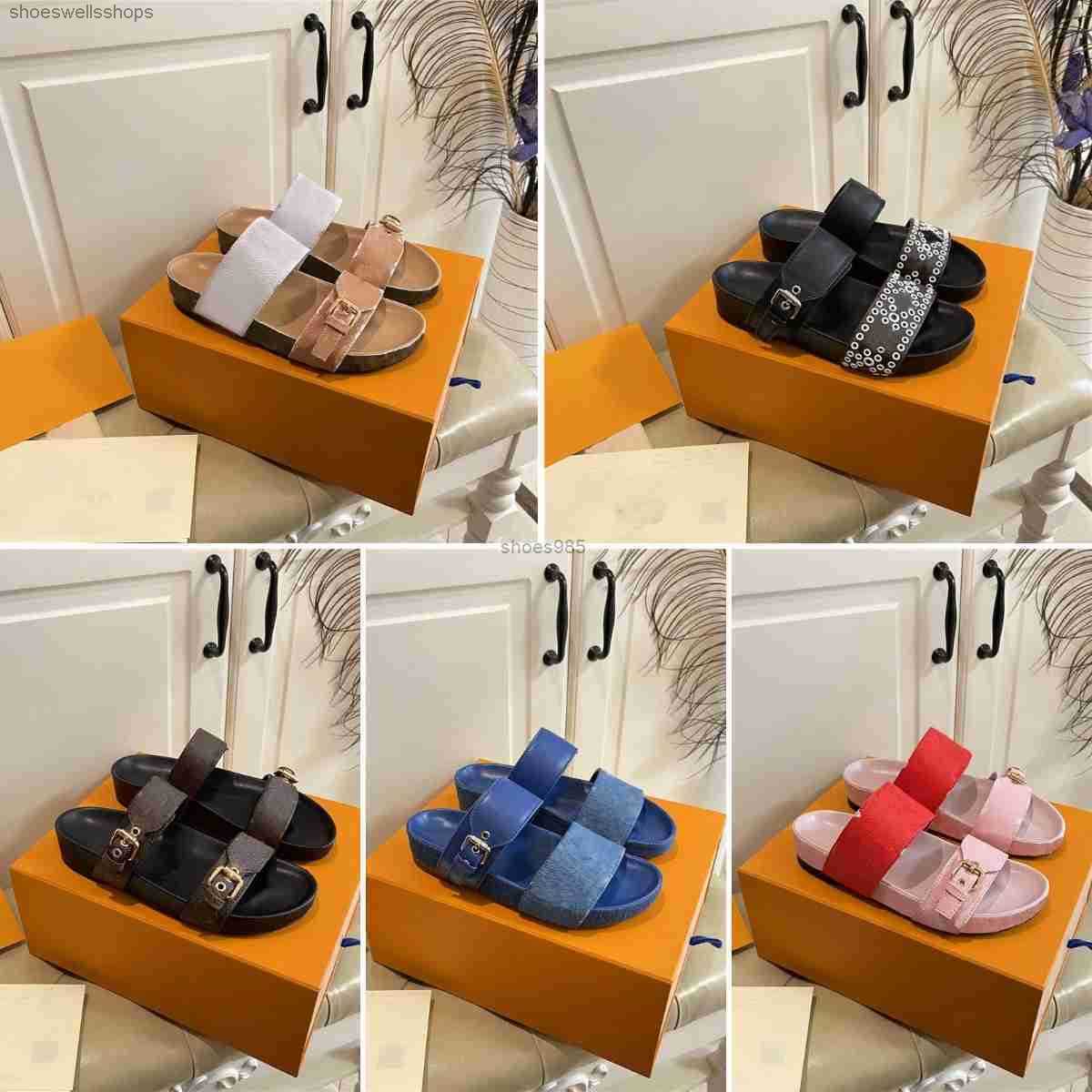 

2021 Luxurys Designers Women Sandals Buckle Strap Printing Leather Slides Summer Outdoor Beach Slippers Open-toe Platform Shoes With Correct