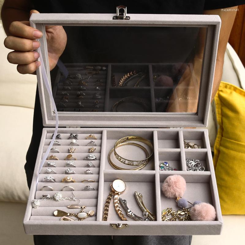 

Jewelry Pouches Velvet Glass Ring Earring Display Organizer Box Storage Divider Soft Gray Case Jewellery Tray