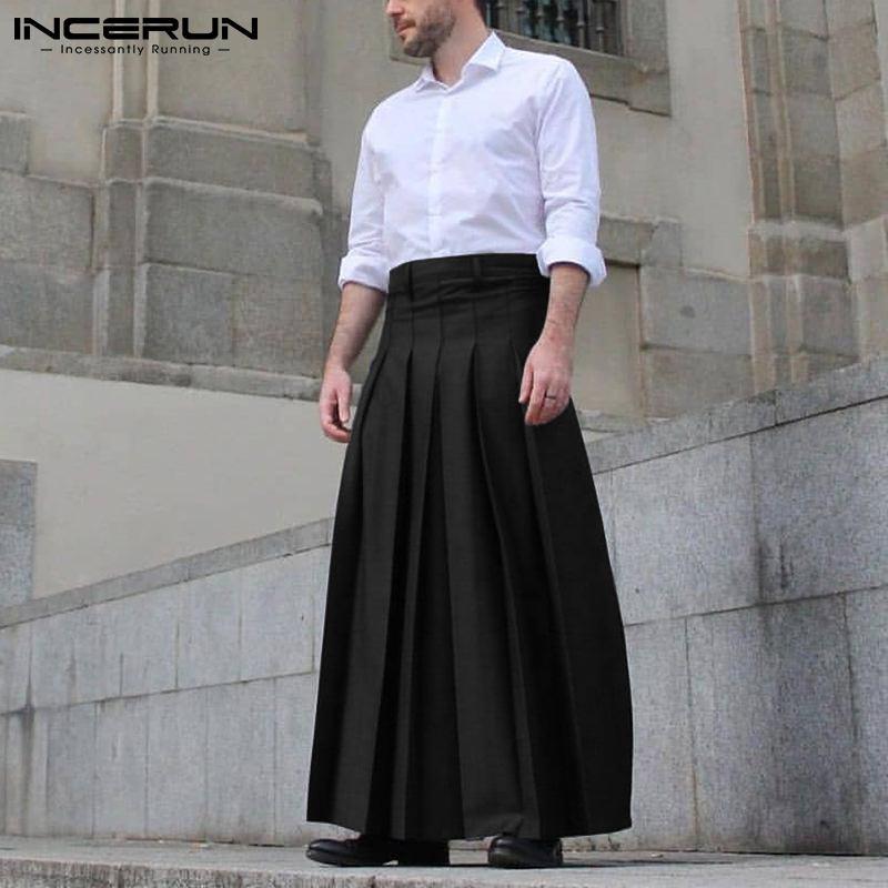 

Pants INCERUN American Style Fashion New Men's Solid Allmatch Pantalons Male Comfortable Hot Sale Trousers Pleated Long Skirts S5XL, Black