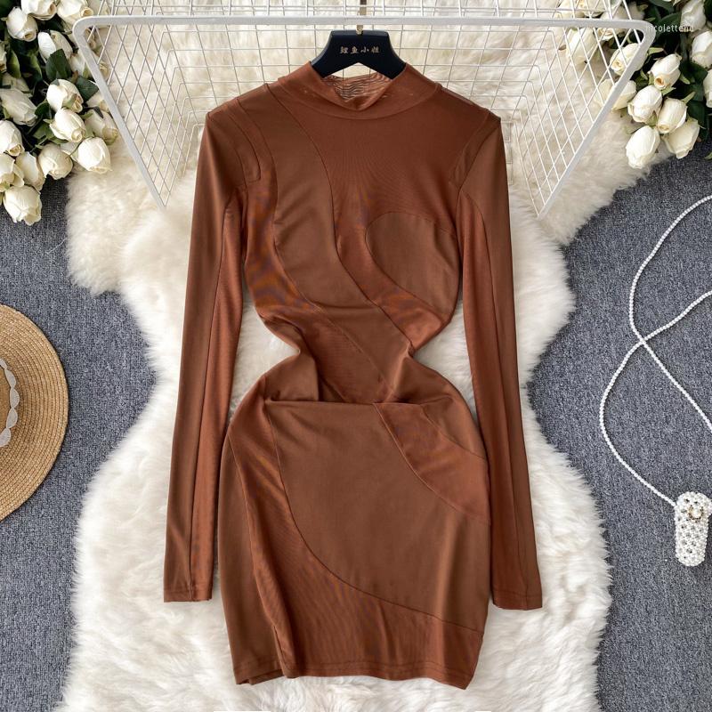 

Casual Dresses Foamlina Fashion Spring Summer Long Sleeve Women' Dress Sexy See Through Mesh Patchwork Stand Collar Slim Bodycon Mini, Brown