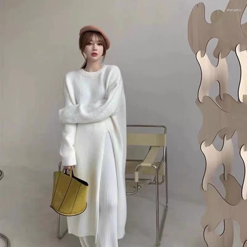 

Casual Dresses Chic Knitted High Waist Split Fork One Piece Korean Dress Women O-Neck Long Sleeve Sweater Vestido Robe Fall Winter 2023, Gray dress
