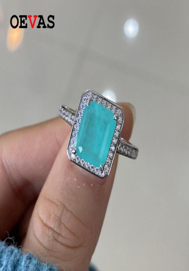 

OEVAS 100 925 Sterling Silver 810 Emerald Cut Synthetic Paraiba Tourmaline Ring Sparkling High Carbon Diamond Fine Jewelry1700147