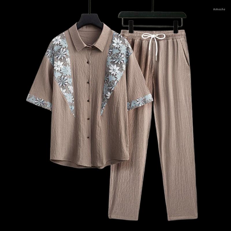 

Men's Tracksuits 2023 Summer Thin Breathable Loose Two Piece Set For Men's Casual Pleated Splice Short Sleeve, Black
