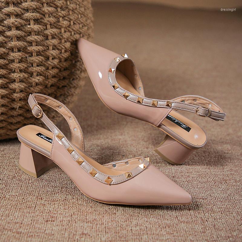 

Sandals Summer Women Rivet Pointed Toe Chunky Heel Low Flat Females Pumps Fashion High Quality Elegant Noble Lady Shoe, Black