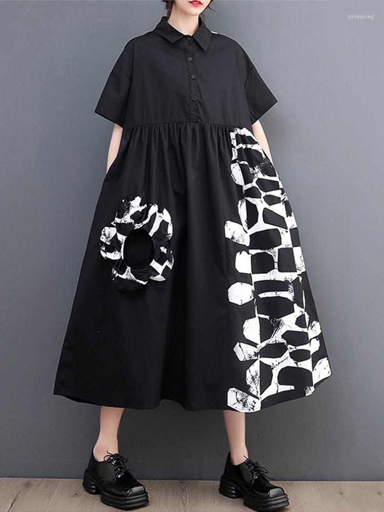 

Party Dresses 2023 Spring And Summer Short Sleeved Black Vintage Printed Shirt Dress Women' Loose Casual Robe Fashion Elegant Vesti