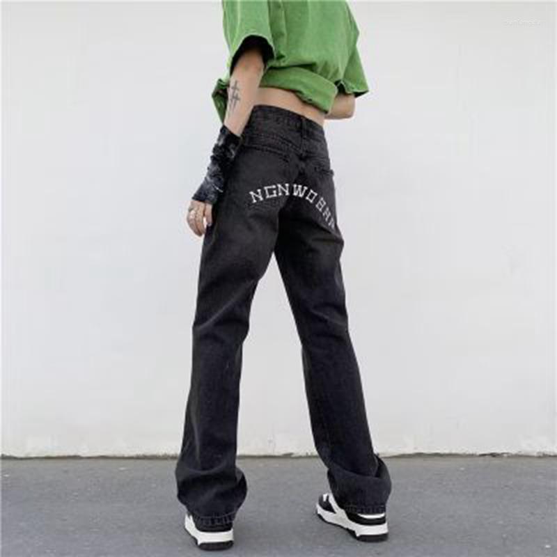 

Men's Jeans Y2k Straight Hip Hop Letter Printing Black Pants 2023 Harajuku Fashion Punk Rock Wide Foot Trousers Korean Streetwear