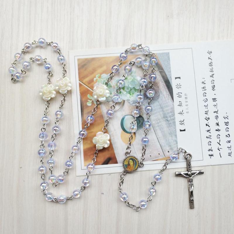 

Pendant Necklaces CottvoOur Lady Virgin Mary Medal Crucifix Cross Rosary Necklace Dreamy Color Beads Chain Baptism Chaplet Pray Jewelry