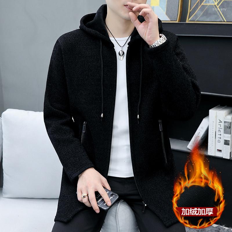 

Men's Sweaters Men's Mens Fashion Casual Knitted Cardigan Men Hooded Plush Thickened Thermal Medium Long Slim Fit Coat, Dark grey