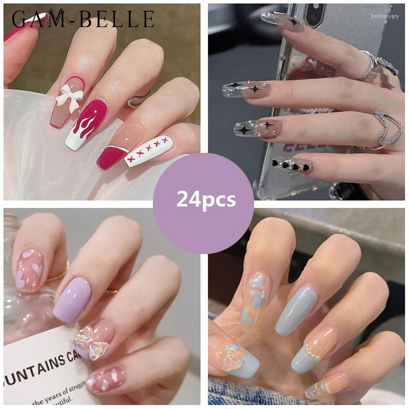 

False Nails GAM-BELLE 24Pcs Fake Set French 3D Full Cover Artificial Long Press On With Designs DIY Beauty Manicure Decoration, Z080