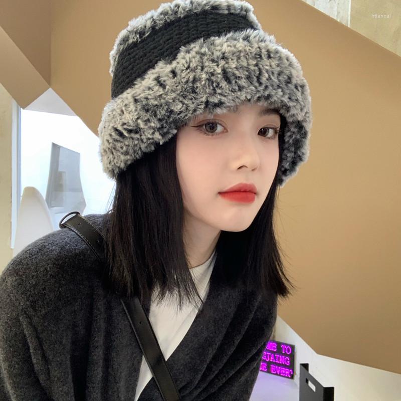

Berets Korea Small Autumn Winter Knitted Color Matching Plush Fisherman Hat Warm Wool Handmade Bucket For Women, White