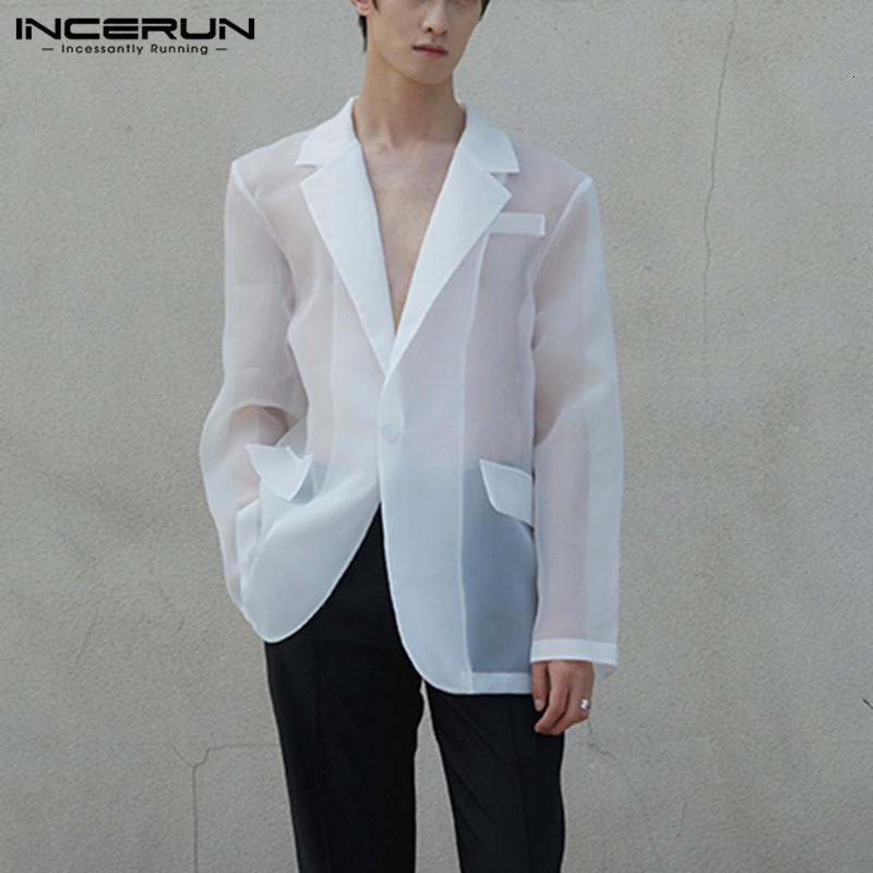 

Men's Suits Blazers Fashion Men Mesh Blazers Transparent Lapel Long Sleeve Sexy Casual Coats One Button Streetwear Party Men Suit S5XL INCERUN 230512, White2