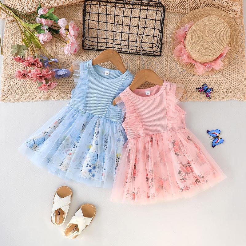 

Girl Dresses Children'S Summer Sleeveless Vest Dress 2023 Girls' Fashion Printed Patchwork Gauze Skirt, Blue