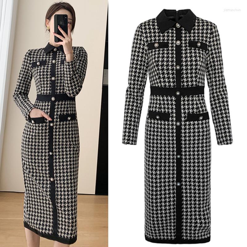

Casual Dresses Autumn Winter Knit Tweed Houndstooth Small Fragrance Style Dress Fashion Vintage Women Slim Long Sleeve Party Sweater, Mixed color