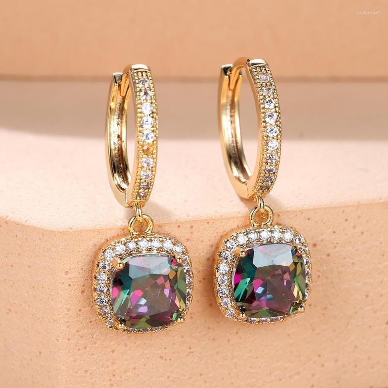 

Hoop Earrings Cute Multicolor Zircon Square For Women Wedding Jewelry Silver Gold Color Mystic Rainbow Crystal