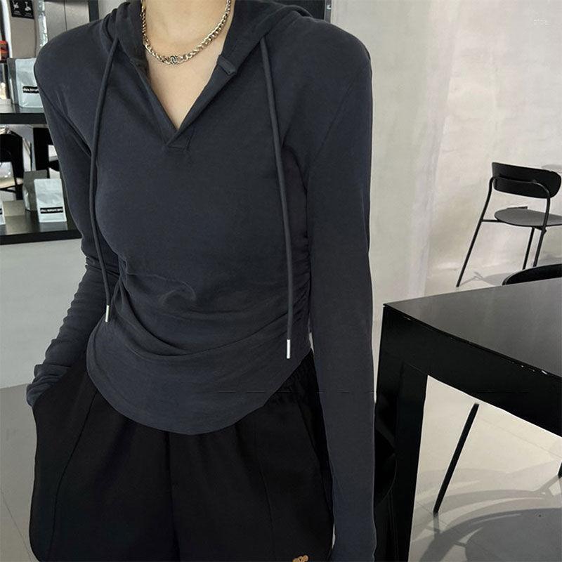 

Women's Polos Hoodie Women Spring And Autumn Thin Slim-fit Slimming Right Shoulder T-shirt Design Sense Niche Pure Long-sleeved Short Top, 01