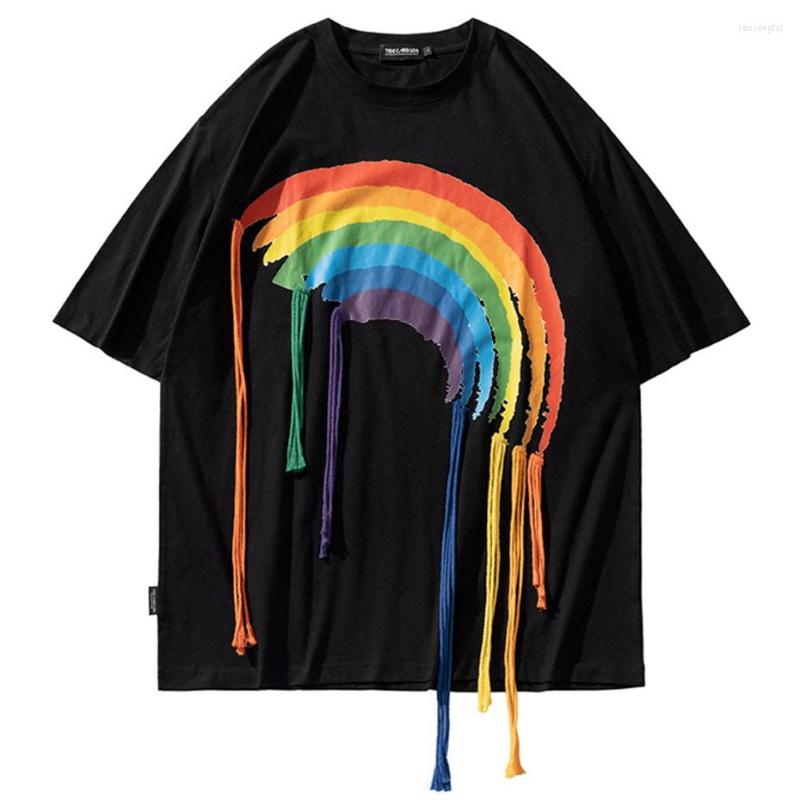 

Men's T Shirts Fashion Summer Short Sleeve Rainbow Printed Hip Hop Tees Oversized Loose Fit Y2K Tops Tshirt, Black