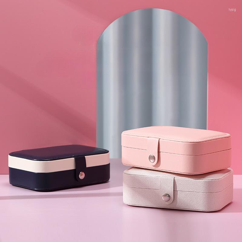 

Cosmetic Bags Leather Portable Jewelry Box Double Layer Earrings Rings Storage, Aqua blue