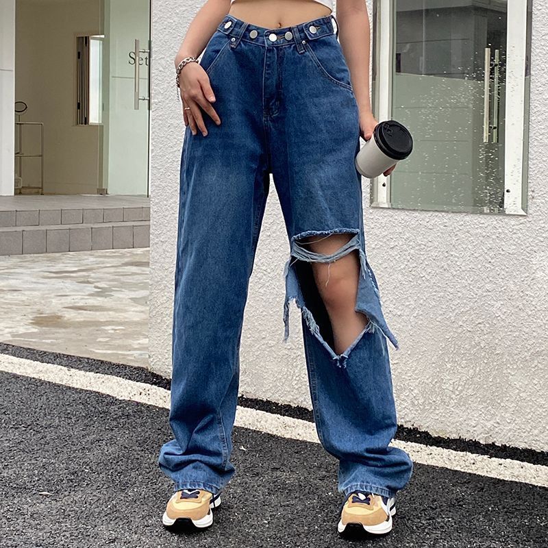 

Women's Pants s Y2K Vintage Ripped High Rise Jeans Summer Street Style Spice Girl Fashion Casual Solid Color Straight Wide Leg Trousers 230512, Blue