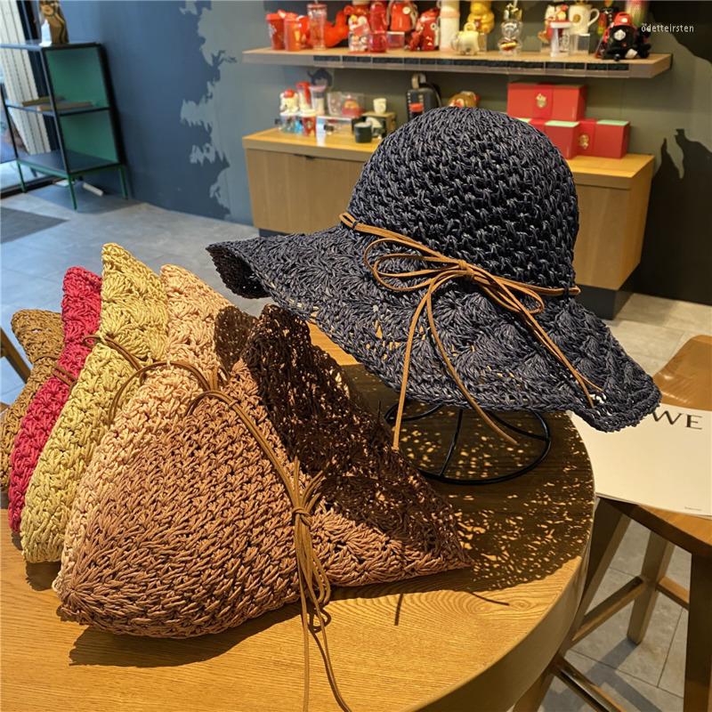 

Berets 2023 Women Sun Hat Summer Accessories Holiday Girl Breathable Beach Straw Hollow Out Lace Up Bandage Cap Panama, Khaki