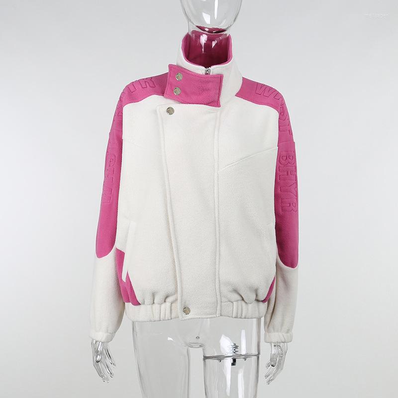 

Women's Down Fashion Trend Color Contrast Design High Neck Plush Coat Waist Loose Casual Work Clothes Top, Rose red