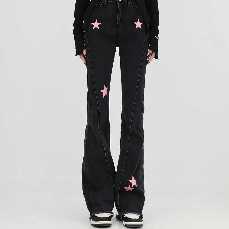 

Women's Pants s European and American women clothing large size vibe wind girl micro flared jeans casual straight star patch 230512, Black