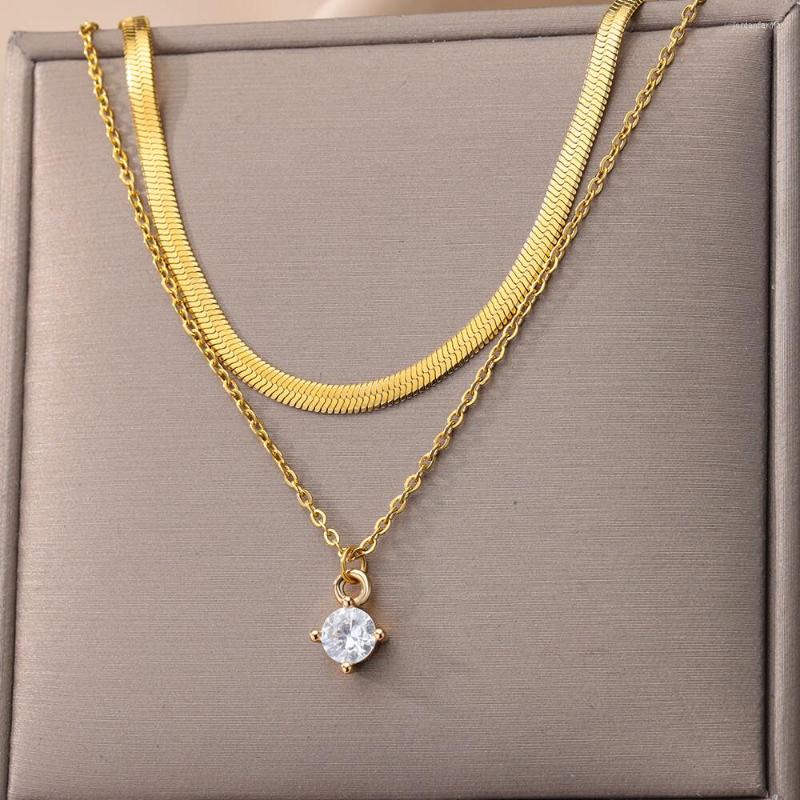 

Pendant Necklaces Double Layered Chain Round Crystal Necklace For Women Gold Plated Stainless Steel Collar Aesthetic Jewelry