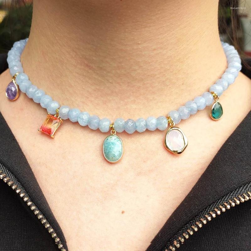 

Choker Luxury Charm Natural Gemstone Beaded Necklace Blue Aquamarines Multiple Water Drop Pendant Decorative Jewelry Banquet Party