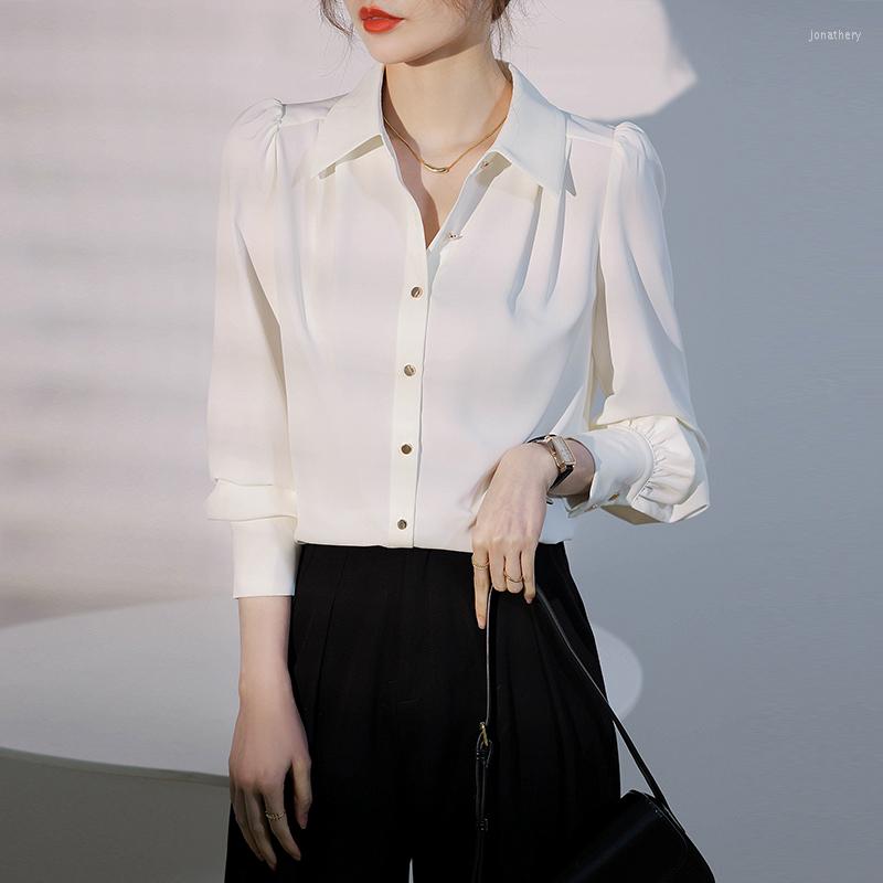 

Women' Blouses Solid Color Office Lady Chiffon Shirts 2023 Spring Summer Long Sleeve Womans Blouse Elegant Tops Blusa Mujer, White