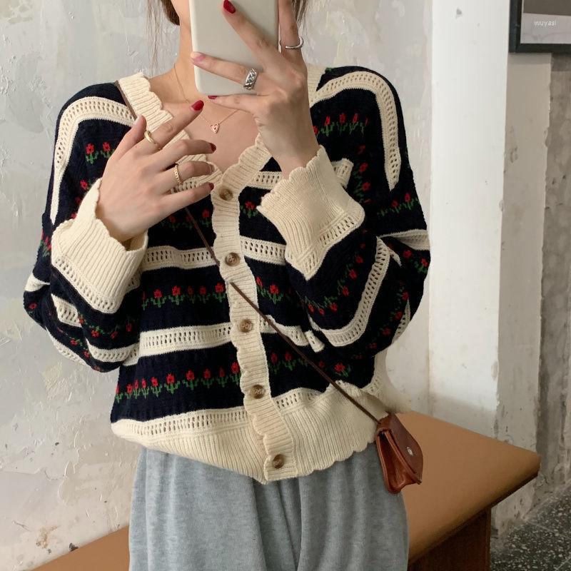 

Women's Knits 2023 Autumn And Winter Fashion Knitted Cardigan Striped Loose Korean Style V-neck Flower Sweater Coat Jacket Women, Black