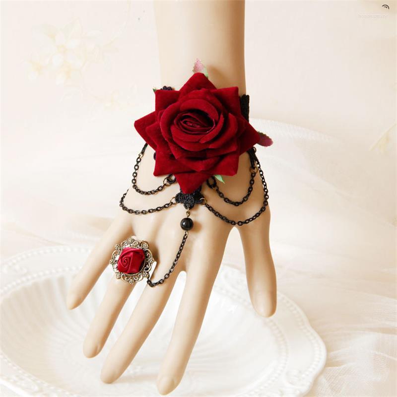 

Charm Bracelets Creative Vintage Finger Wrist Chains Rings For Women Dancer Connecting Hand Harness 3D Rose Bracelet