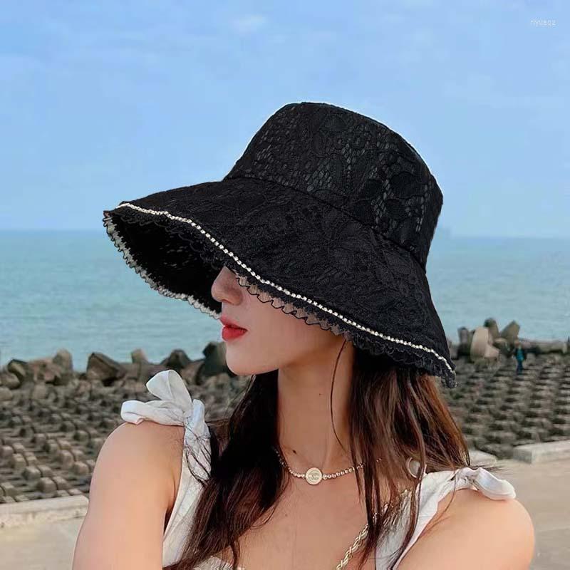 

Wide Brim Hats Summer Women Thin Fisherman Hat Sweet Lace Rhinestone Sun Outdoor UV Protection Cap Female Sunshade Basin Caps, Beige