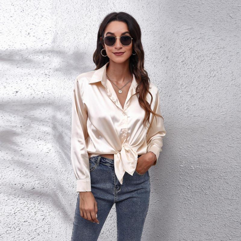 

Women' Blouses Spring And Autumn Fashion Satin Shirts For Women Long Sleeve Button Office Blouse Loose Street Female Tops, Champagne