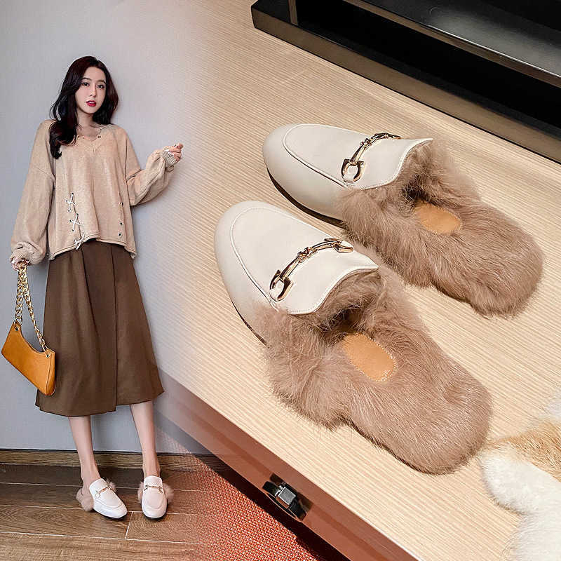 

Sandals Rabbit Fur Slippers for Women Wear Mueller Shoes in Autumn Winter New Lazy with Flat Bottom Toe-covered Half 230417, Auburn