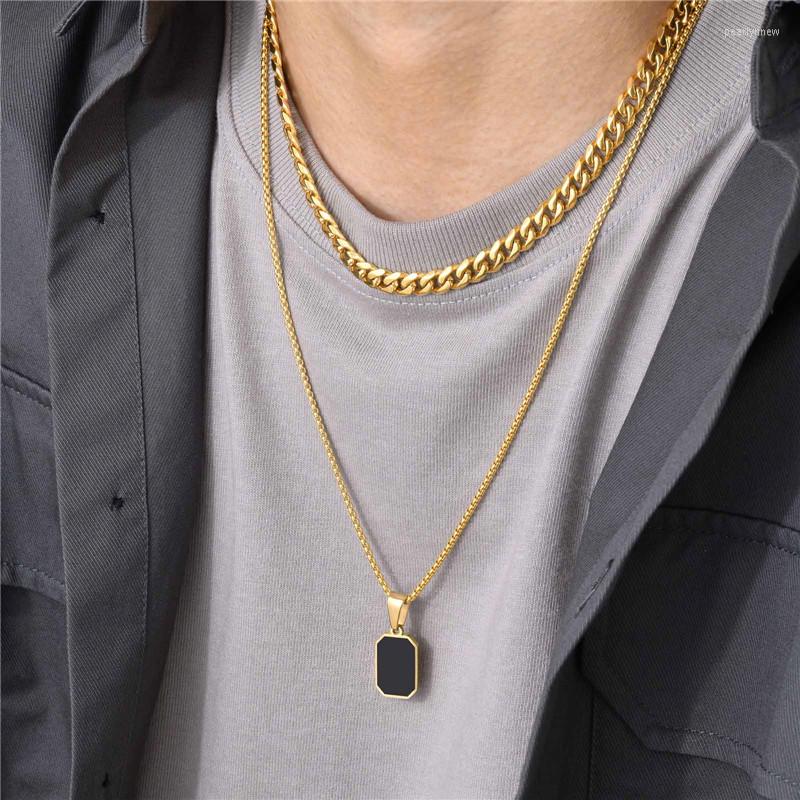 

Chains KOTiK Gold Color Mens Geometric Square Necklaces Black Enamel Rectangle Pendant With Rope Box Chain Collar Gift Jewelry