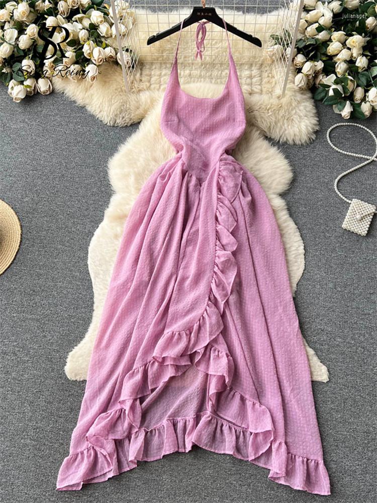 

Casual Dresses SINGREINY Halter Sexy Beach Long Dress Summer Strap Ruffle Sweet Hollow Out A Line Bohe Sundress Chiffon Backless Split, Purple