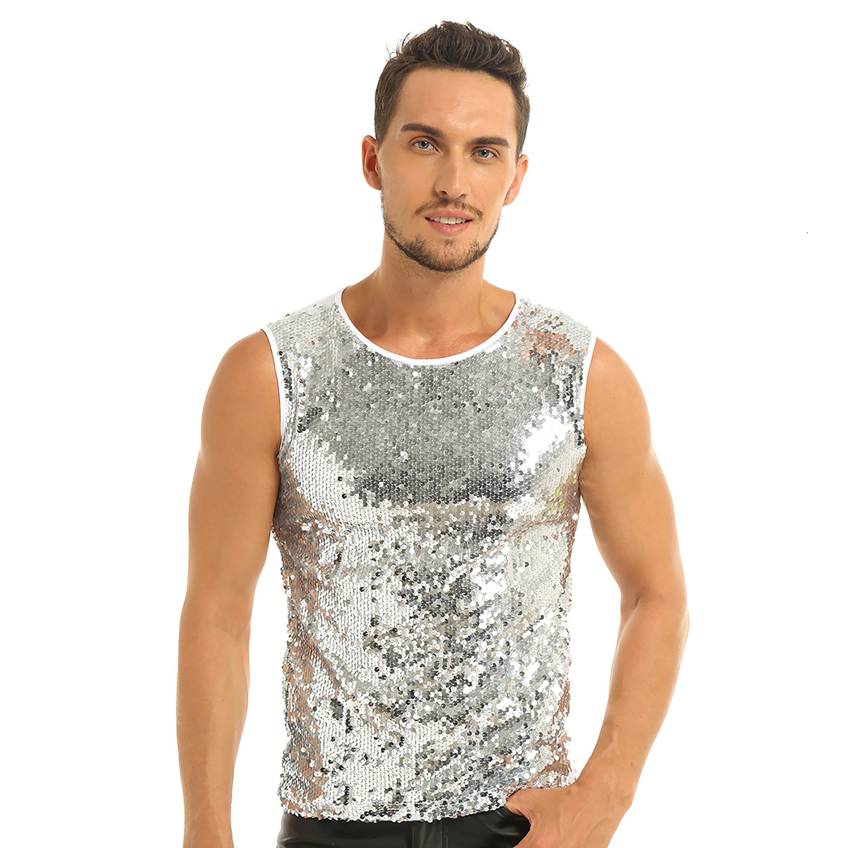 

Men's Tank Tops Mens Tank Tops Summer Sleeveless Crew Neck Sequin Slim Fitted Vest Tank Top Tee Tshirts Festival Rave Party Clubwear 230512, White