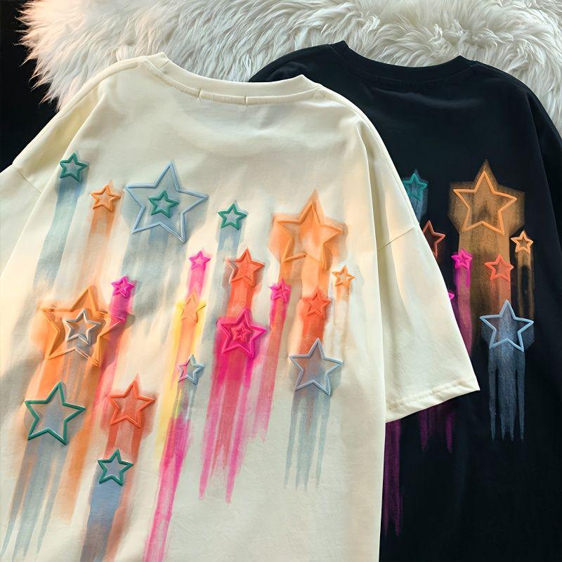 

Men's T Shirts European And American Tees Retro Printing Round Neck Short Sleeve Oversized Shirt Summer Loose Couple Casual Cotton Top Y2K, Black