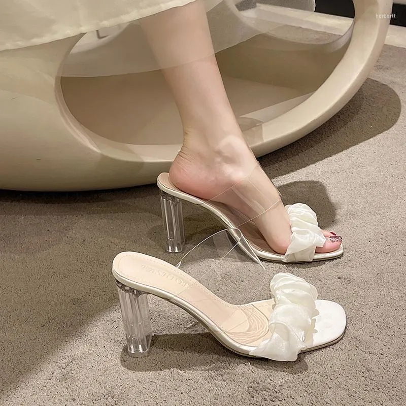 

2023 New Sandals Leisure Shoes For Women Fashion Casual Square High Heels Transparent Slip On Crystal Summer versatile Plus Size, White9cm