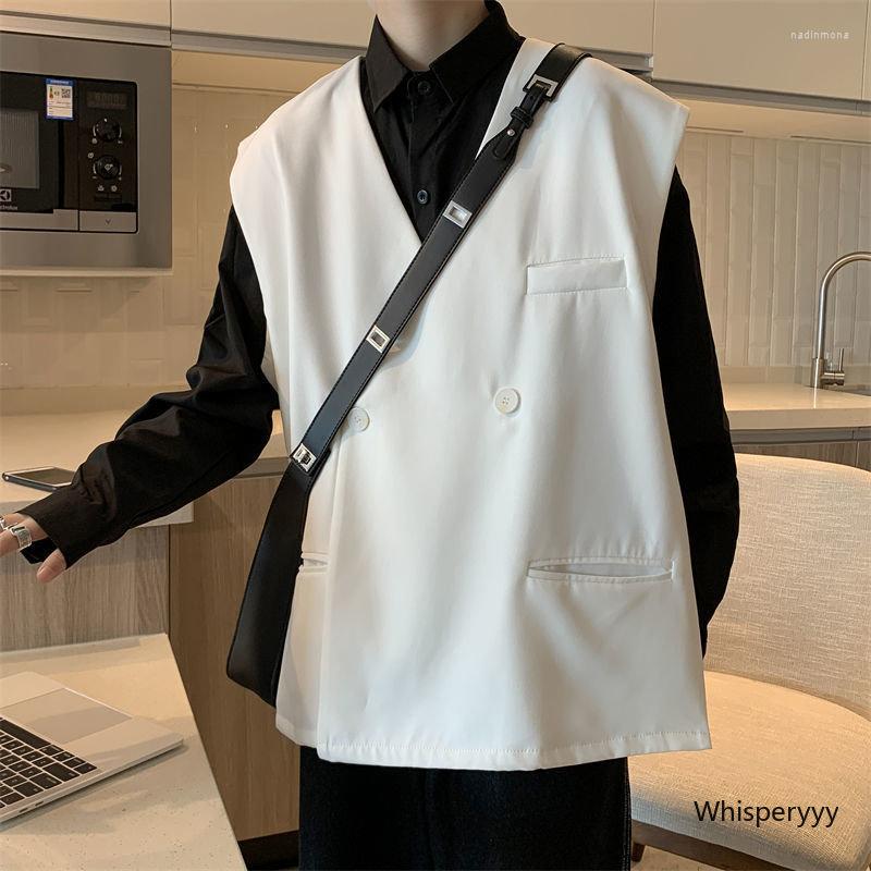 

Men's Vests Spring Autumn Solid Double Breasted Slit Vest Male Korean Trend Suit Waistcoat Sleeveless Jacket V-neck Fashion Clothing, White