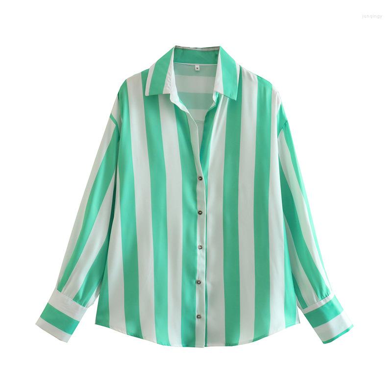 

Women's Blouses Wind Printed Striped Silk Satin Drape Shirt For Women, The black stripe