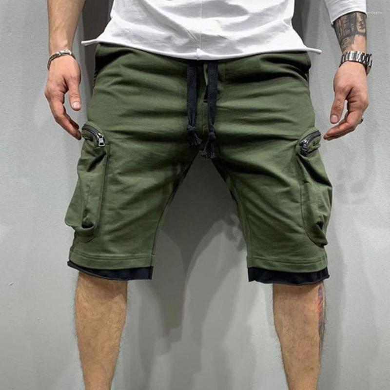 

Men's Pants Cargo Shorts Elastic Waist Multiple Pockets Zipper Drawstring Streetwear Casual Knee Length Summer Male Clothes, White